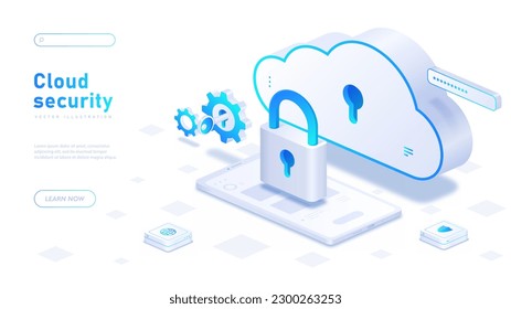 Cloud security white banner. Safety of Personal Data on Internet and prevention of hacker attacks and break ins. Electronic storage or archive with information. Isometric vector illustration