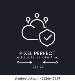 Cloud security white linear desktop icon on black. Data privacy protection. Access control. Pixel perfect 128x128, outline 4px. Isolated user interface symbol for dark theme. Editable stroke