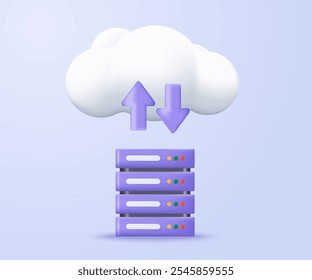 Ícone 3D do servidor de nuvem. Design 3D de cor roxa minimalista do data center, hospedagem na Web e armazenamento em nuvem. Conceito 3D de tecnologia de armazenamento em nuvem, ilustração vetorial.