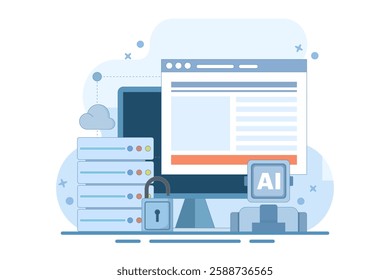 Cloud Server AI Service Concept, AI hosted on cloud server, hosting, cloud API for artificial intelligence, cloud computing technology, data network management. flat vector illustration.