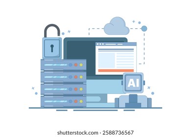Cloud Server AI Service Concept, AI hosted on cloud server, hosting, cloud API for artificial intelligence, cloud computing technology, data network management. flat vector illustration.