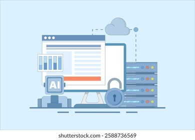 Cloud Server AI Service Concept, AI hosted on cloud server, hosting, cloud API for artificial intelligence, cloud computing technology, data network management. flat vector illustration.