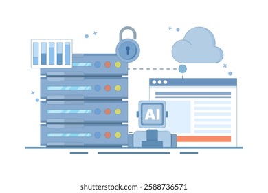 Cloud Server AI Service Concept, AI hosted on cloud server, hosting, cloud API for artificial intelligence, cloud computing technology, data network management. flat vector illustration.