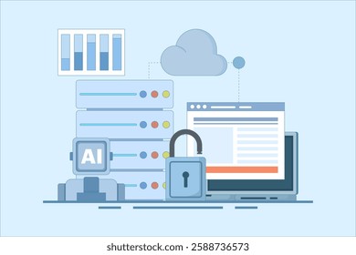 Cloud Server AI Service Concept, AI hosted on cloud server, hosting, cloud API for artificial intelligence, cloud computing technology, data network management. flat vector illustration.