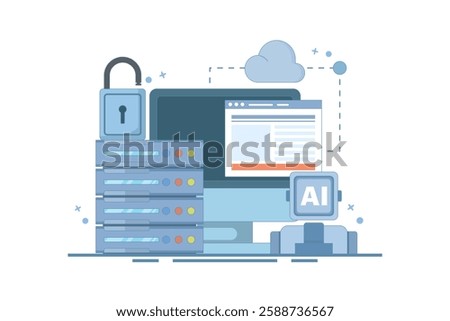 Cloud Server AI Service Concept, AI hosted on cloud server, hosting, cloud API for artificial intelligence, cloud computing technology, data network management. flat vector illustration.