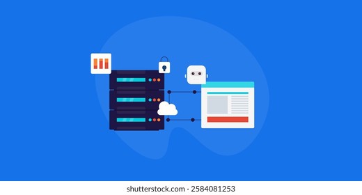 Cloud server AI service, AI hosted on a cloud server, Cloud hosting, Cloud API for artificial intelligence - vector illustration with icons