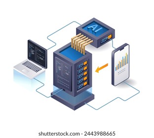 Cloud server artificial intelligence programmer analyst, flat isometric 3d illustration