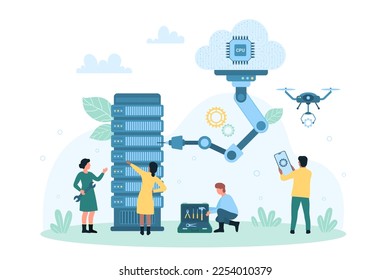 Cloud server automation process vector illustration. Cartoon tiny people control server hardware with robot arm and drone, repair smart system and infrastructure with automatic machines and AI brain