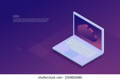 cloud server banner, laptop with cloud icon 3d isometric flat vector illsutration