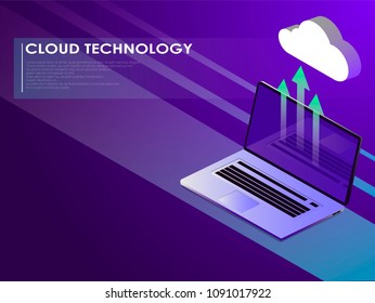 Cloud server banner, laptop with cloud icon isometric vector illsutration