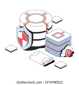 Cloud server, big data, security shield, hard drive. Vector 3d line isometric, color web icons, new flat style. Creative design idea for infographics.