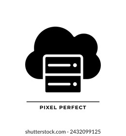 Cloud server black glyph icon. Digital storage for data. Information keeping online resource. Data center technology. Silhouette symbol on white space. Solid pictogram. Vector isolated illustration