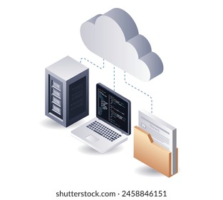 Cloud server computer programming language, isometric flat 3d illustration infographic