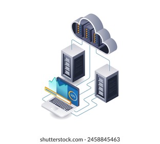 Analista de datos de servidor en la nube tecnología infografía 3d ilustración plana isométrica