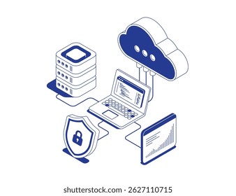 Cloud server with data analytics dashboard on laptop and cloud storage icon connected to server rack in isometric line contour vector illustration.