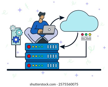 Cloud server data backup. Man using laptop to synchronize database server. Optimization, online data access, management risk, cyber security. Cartoon flat vector illustration. 