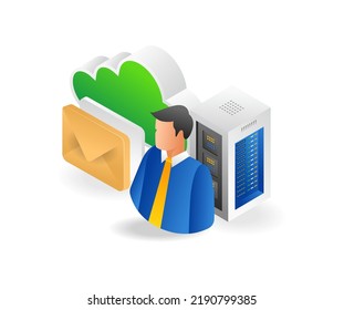 IT cloud server data expert in isometric and flat illustration