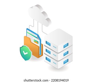 Cloud server data security in isometric flat illustration