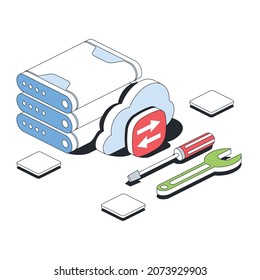 Cloud Server, Data Warehouse, Tools Wrench Screwdriver. Vector 3d sketch line isometric style, color icon illustration. Creative design idea and infographics elements.