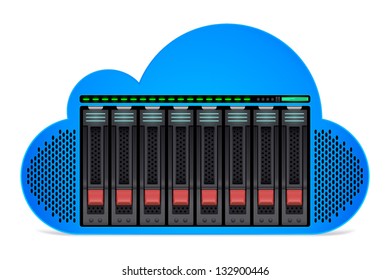 Cloud with Server disks and drives embedded within. Cloud stylized to appear as a server computer.