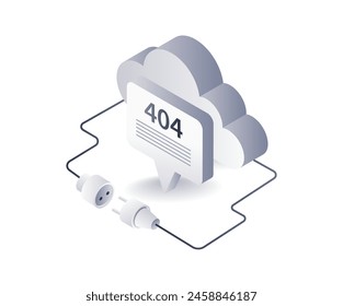 Error de servidor en la nube 404 sistema de tecnología, infografía 3d ilustración plana isométrica