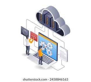 Cloud server hosting technology developer team, flat isometric 3d illustration infographic