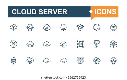 Cloud Server icon. It contains symbols to networking, database, connect, upload, safe, face, file, data. Simple line vector. Solid line editable vector illustration.