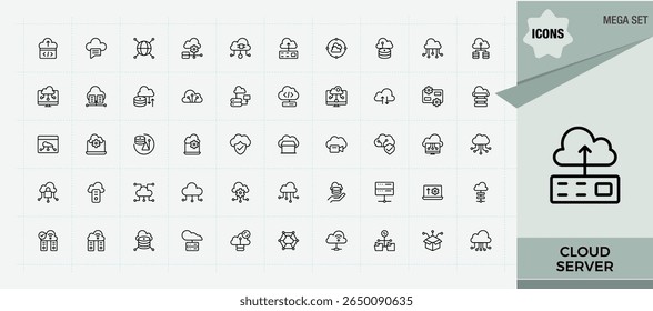 Conjunto de ícones do Servidor de Nuvem. Conter computação de sinais lineares, banco de dados, rede, armazenamento, servidor e muito mais. Ícone de hospedagem definido. Perfeito para logotipos e infográficos. Pictograma e infográfico.