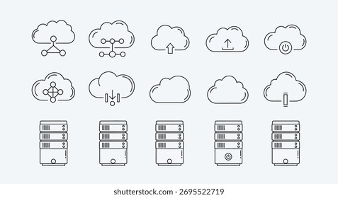 Cloud- und Server-Symbole, Konnektivität, Upload, Download, Stromversorgung und Datenspeichersymbole
