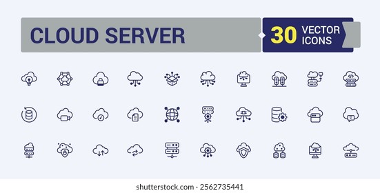 Cloud Server icons set. Includes icons for access, safe, face, computing, technology, connect and more. Isolated icons design. Outline and solid pictogram.