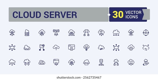 Cloud Server icons set. Includes icons for access, safe, face, computing, technology, connect and more. Isolated icons design. Outline and solid pictogram.