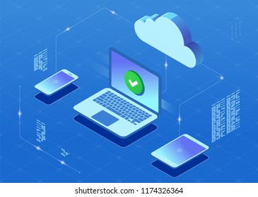 	
Cloud server illustration, laptop, phone and tablet with cloud icon isometric vector illsutration