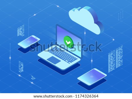 	
Cloud server illustration, laptop, phone and tablet with cloud icon isometric vector illsutration