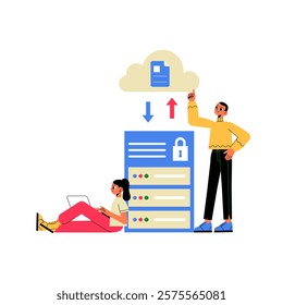 Cloud Server With Male And Female Characters, Flat Vector Illustration Symbolizing Data Security, Cloud Backup, And File Storage, Isolated On White Background