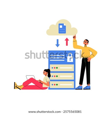 Cloud Server With Male And Female Characters, Flat Vector Illustration Symbolizing Data Security, Cloud Backup, And File Storage, Isolated On White Background