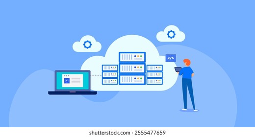 Cloud server management, Cloud computing technology, Cloud API integration - vector illustration with character