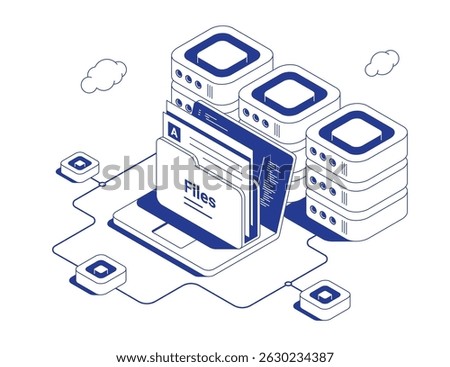 Cloud server management concept with laptop uploading files to connected server racks via data flows and character at control panel in isometric line contour vector illustration.