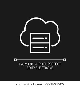 Cloud server pixel perfect white linear icon for dark theme. Digital storage for data. Information keeping online resource. Thin line illustration. Isolated symbol for night mode. Editable stroke