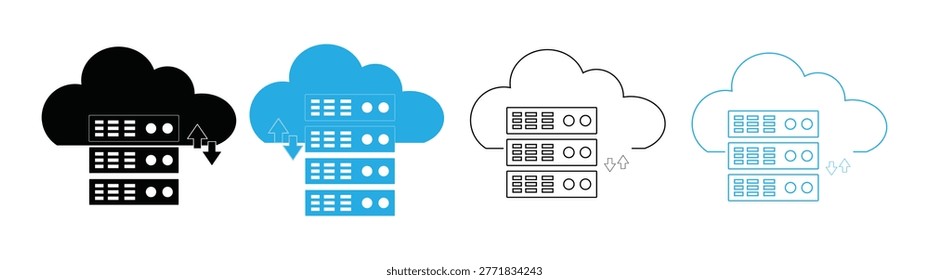 Cloud Server Rack Icon Set with Data Transfer Upload and Download Solid and Outline Hosting Datacenter Symbol.