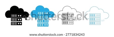 Cloud Server Rack Icon Set with Data Transfer Upload and Download Solid and Outline Hosting Datacenter Symbol.