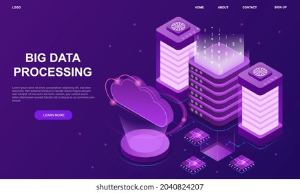 Cloud server room. Big data processing. Internet working concept, wireless connection.Networking process, data routing and storage. Cartoon 3d vector illustration isolated on violet background