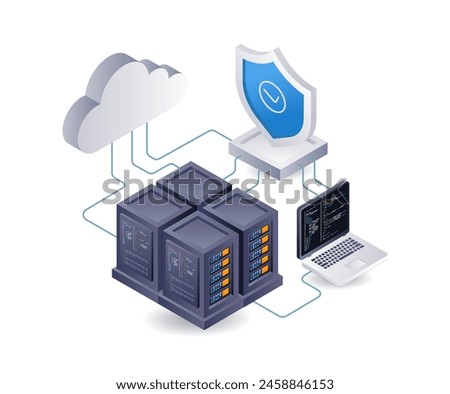 Cloud server security big data analyst, infographic 3d illustration flat isometric