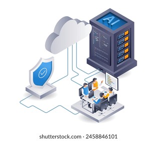 Cloud server security center team, infographic 3d illustration flat isometric