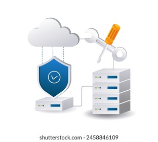 Cloud server security maintenance technology infographic 3d illustration flat isometric