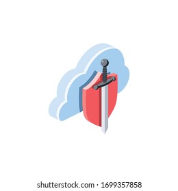 Cloud server shield safe steel sword. Vector 3d isometric, color web icon, new flat style. Creative illustration design, isolated graphic idea for infographics.