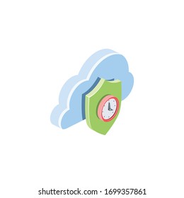 Cloud server shield security safe time clock. Vector 3d isometric, color web icon, new flat style. Creative illustration design, isolated graphic idea for infographics.