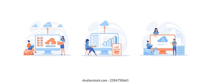  Almacenamiento de servidores en nube, servicio de computación en nube de tecnología empresarial, base de datos en línea. ¿Podría la computación establecer una ilustración moderna del vector plano? 