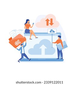 cloud server storage concept. team administrator and developer working with computer monitor.  flat vector modern illustration