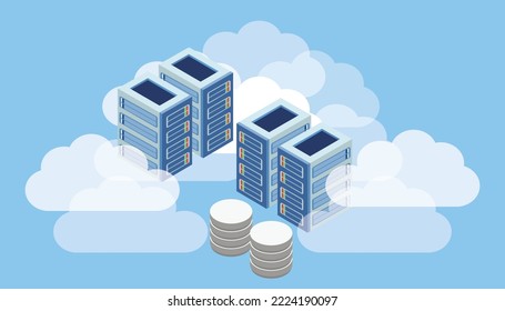 Cloud Server And Storage Isometric Vector Illustration. Cloud, Database Server, File Server And Web Server. Online Computing Technology. 3d Servers And Data Center Connection Network.