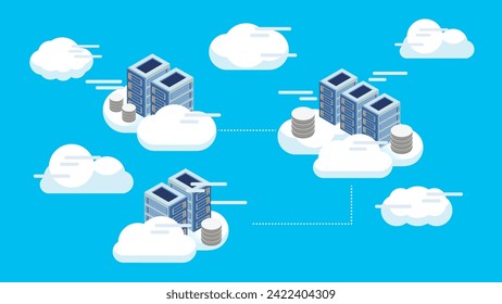 Cloud server and storage isometric vector illustration. Cloud Data Center Infrastructure for database server, file server and web server. Online computing technology. Vector.